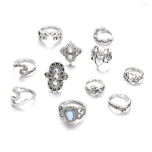 Wedding Rings Antique Silver Color Crown Flower Set Rhinestone Lotus Wave Elephant Knuckle Midi Finger Women Jewelry Accessories