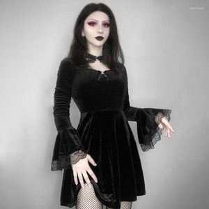 Casual Dresses Women Korea Clothing Vintage Halloween Lace Sexy Mini Dress Gothic Ladies Club Party Long Sleeve Black Velvet Autumn2022