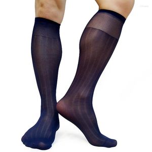 Meias masculinas homens nylon pura alta elástica listrada ver através de um traje formal de tubo sexy Mangues de meia