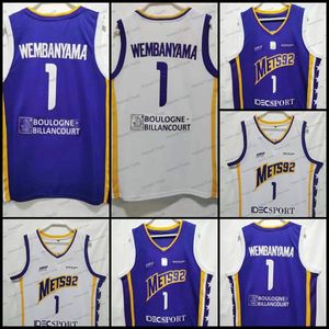 New 1 Victor Wembanyama Maglia da basket da uomo Francia Nanterre Mets92 Maglia da squadra viola bianca cucita all'aperto Abbigliamento da basket