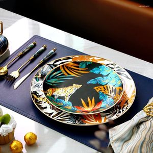 Plates Dinnerware Set Colorful Forest Animal Design Plate Steak Tray Flat Ceramic Tableware 10inch Dish Christmas Gift Gold Rim