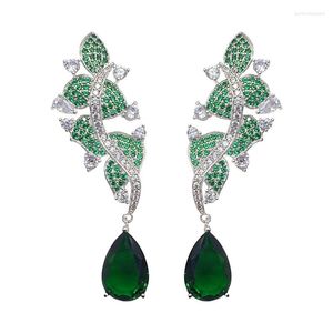 Dangle Earrings Green CZ Stone Leaf For Women 925 Silver Needle Water Drop Crystal Earings Female Luxury Wedding Jewelry