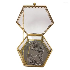 Smyckesp￥sar Hexagon Gold Brass Glass Ring Trinket Box Mirror Wedding Geometric Clear Tabletop Organizer