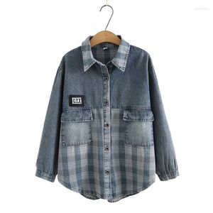 Kvinnors blusar denim blus kvinnlig 2022 Spring Autumn Fat Sister Coat Loose Cowboy Shirt Plaid Stitching Women's Jackets Cotton Tops