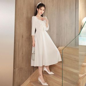 Casual jurken witte boog elegante vrouw feestavond vintage a-line massieve kleur middenkalf vierkante kraag lente damesvestido longo xs-xxl