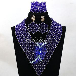 Collana orecchini set moda matrimonio africano bavaglino da sposa costume nigeriano perline di cristallo gioielli blu reale ALJ390