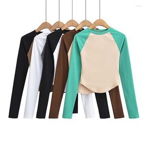 Women's T Shirts Women Tshirts Block Tees Long Sleeve Crop Top Shirt Patchwork Cropped Fall Outfits Basic Color