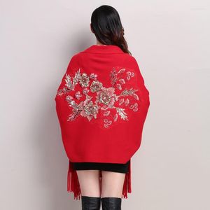 Women's Knits 2022 Autumn Winter Plus Size Embroidery Batwing Sleeve Poncho Women Overwear Coat Floral Cloak Cardigans Sweater With Tassel