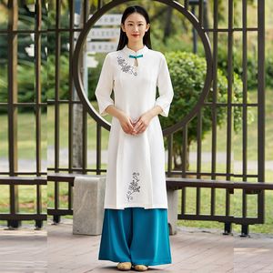 Asiatische Damen-Trainingsanzüge, Zen-Trend, Damen, elegantes, modifiziertes Cheongsam-Kleid, Tee-Künstler-Uniform, Schönheitssalon, Arbeitskleidung, Baumwoll-Seidenmantel, Hosen-Set