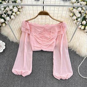 Blouses feminina fora do ombro Ruffles Slash pescoço Blusa Mulher Moda coreana Pufda de manga comprida Chiffon Pleed Ladies Tops Drop Drop