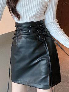 Saias Pu Lápis Curta Salia Lace Up Leather Sexy Summer 2022 High Caist Slim Beige Black Gothic Mini Fashion High High