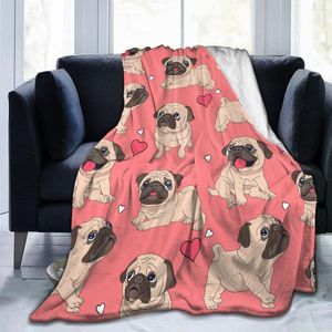 Blankets Soft Warm Flannel Blanket Funny Cartoon Pugs Puppies Pink Print Travel Portable Winter Throw Thin Bed Sofa