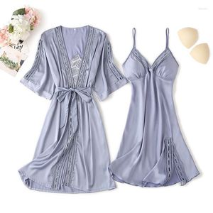 Женская одежда для сна, сексуальные 2pcs ночной бани для баня костюма женская атласная кружевная цветочная кимоно -хала