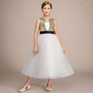 Abiti da ragazza Ragazze eleganti lunghi da comunione formale Abito da principessa Abito da festa di compleanno per bambini Matrimonio floreale con paillettes dorate