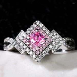 Wedding Rings Cute Delicate Silver Plated Pink Crystal Princess For Women Shine CZ Stone Inlay Fashion Jewelry Party Gift