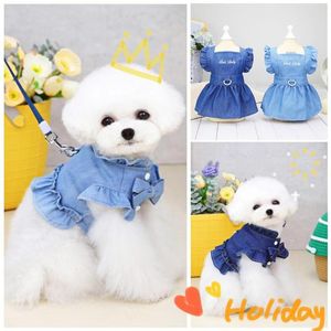Dog Collars Cute Ruffles Denim Dress Harness With D-Ring Summer Puppy Shirt Cat Jeans Vest Pets Clothes Outdoor Walking Chest Strap