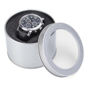 L￤gsta silver Round Metal Jewelry Watch Present Box Display Case With Cushion 3 54x2 36 Watch Organizer Box Holder Glitte2975