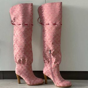 여성 하이 부츠 디자이너 무릎 부츠 위에 오리지널 신발 핑크 브라운 인쇄 캔버스 지퍼 레이스 업 스노우 부츠 레이디스 섹시 하이 부츠 35-42와 함께 317