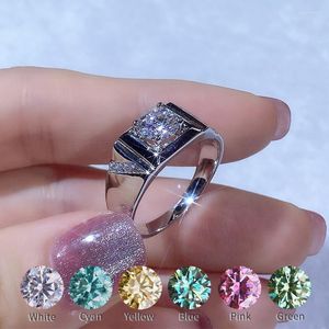 Cluster Rings Real 1CT Moissanite Ring for Men Classic Blue Cyan Pink Gul Green 14K White Gold Plated Diamond S925 Silver