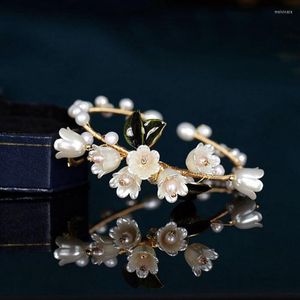 Armreifen fxlry Original handgefertigt natürliche Perle Vintage Verstellbare Öffnungslilie des Valley Blumenarmbands für Frauen Schmuck