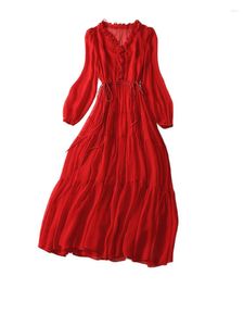 Casual Dresses Spring 2023 Women's Silk Dress V-neck Slim Lace Up Elegant French Romantic Red Long