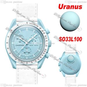 Bioceramic Moonswatch Swiss Quqrtz Chronograph Mens Watch SO33L100 Misja do Uranu 42 Prawdziwy niebieski ceramiczny jasny biały pasek nylonowy 275z