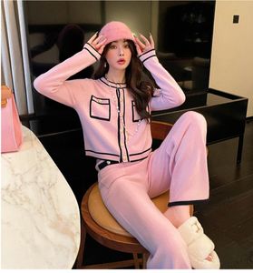 Womens o-neck single breasted sweater top and wide leg 2 piece long pants twinset trousers suit SMLXL