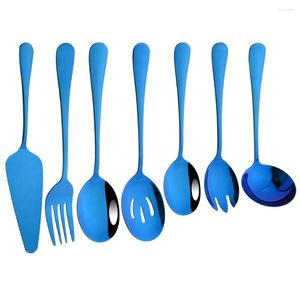 Set di stoviglie 7 pezzi Set di posate da tavola in acciaio inossidabile blu Set di posate da specchio da cucina Servizio in oro Forchetta Cucchiaio Torta Pala Posate per la casa