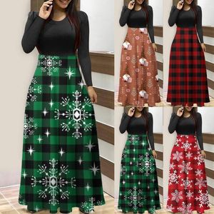 Casual Kleider 2022 Vintage Weihnachten Kleid Robe Frauen Winter Langarm O Neck Patchwork Party Mode Rot Plaid Weihnachten Geschenk