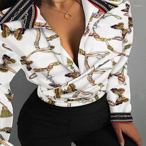 Kvinnors blusar Autumn Long Sleeve Printing Shirt Fashion Turn-Down Collar Fold Elegant Vintage Office Lady Tight Montering Sexy Blouse