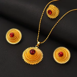 Fine Gold Tikka Earrings multilayer Pendant Ring Jewellery Set wedding ring necklace chain select RED CZ diamond