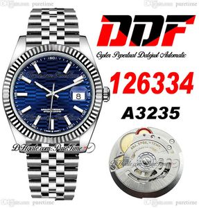 DDF Apenas 126334 A3235 Relógio Automático para Homens 41 Blue Fluted Motif Dial Diamantes Marcadores 904L JubileeSteel Bracelet Super Edition Mesma Série Cartão Puretime I9