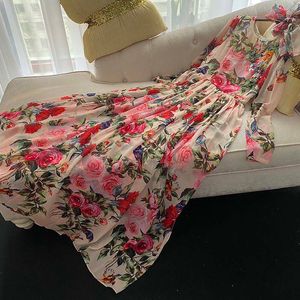 Runway Dresses Showy elegant spring and summer breathable rose print sequins long sleeve scarves long dress Women's Clothing