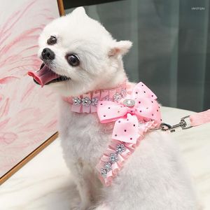 Hundhalsar söt liten rosa båge med diamant dragnät och bröstband för chihuahua Yorkshire pomeranian shih tzu maltese poodle