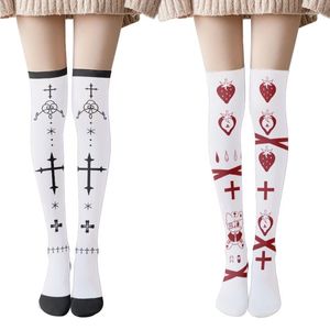 Women Socks 573B Gothic Punk Anime Thigh High Stockings Harajuku Japanese Style Cross Strawberry Printed Lolita Kawaii Cosplay Over