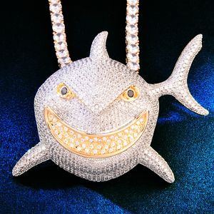 Europa och Ameircan Trendy Necklace Gold Plated Full Shiny CZ Stone Stor hajhänge halsband med 3mm 24 -tums repkedja Trevlig gåva