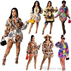 Retail Sexy Womens Dresses 2023 Fashion Casual Printed Shirt Dress With Belt Long Sleeves Shirts 7colors