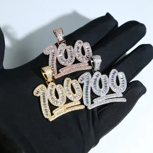 Drops Hip Hip Hop-Anhänger mit gepflastertem 5A-Cz-Stein, Buchstabe Nummer 100, Charm mit Seilkette für Damen und Herren, Gold, Silber, Rosenschmuck