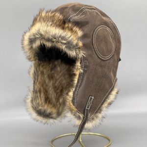 Beanie Skull Caps Pu Plush Ushanka Winter Bomber Hat For Men Faux Fur Pilot Sovjet Trooper Trapper With Ear Flaps Ski Cap 221219