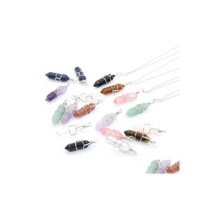 Pendant Necklaces Iron Wire Wrapped Hexagon Pendum Chakra Healing Crystal Opal Turquoise Stone Pink Quartz Jewelry Fashion Gold Sier Dhjdr