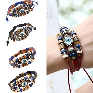 leather Beaded Eyes Charm Bracelet for Women Vintage Handmade Multilayer Weave Snap Button Bracelet
