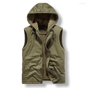 Men's Vests Winter Cotton Coat Men's Hooded Thick Cashmere Vest Military Cargo Fleece Sleeveless Jacket Loose Plush Waistcoat
