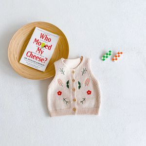 Ins baby barn klädtröja väst o-hals stickad beige blomma broderi cardigan tröja 100% bomull