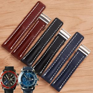 Watchband 22mm 24mm Black Brown Blue Watch Band Smooth Läderband med rostfritt stål fällningsspänne lämpligt för Breitling SU2561