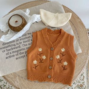 INS baby kids clothing sweater Vest V-neck Knitted Embroidery Flower Camel Cardigan 100% Cotton Boutique Girl sweaters