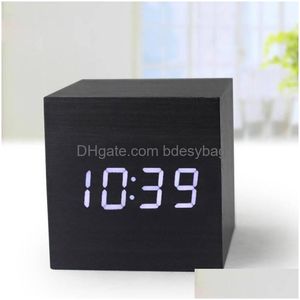 Orologi da tavolo da tavolo Orologio da cubo in legno Display a led moderno Usb Voice Allarme digitale Despertador Controllo luminoso Drop Delivery Home Gar Dhc8N