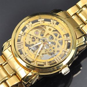 Mens Gold Skeleton Steel Self Mechanical Watch Dress for Men Women Moda Wristwatch Original Brand Winner230K