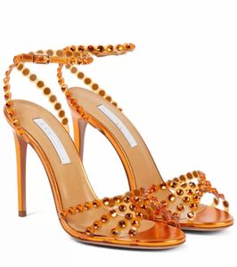 Summer 23S/S Aquazzura Shoes Tequila Sandals 100 Sparkling Party Italy Clear Pvc Crystals Stiletto Heel Wedding Brid 35-43