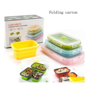 Учетный посуда наборы с четырьмя частями Sile Folding Lunch Box Contain Contain Color Microwave Portable Picnic Rectangar Outdoor Drop Deli OTPMF