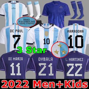 3 estrelas 2022 Argentina Soccer Jersey Fã jogador Versão Dybala Aguero Maradona di Maria J. Alvarez Home Away Away Men Kit Kit Kit Socks Cirche de futebol